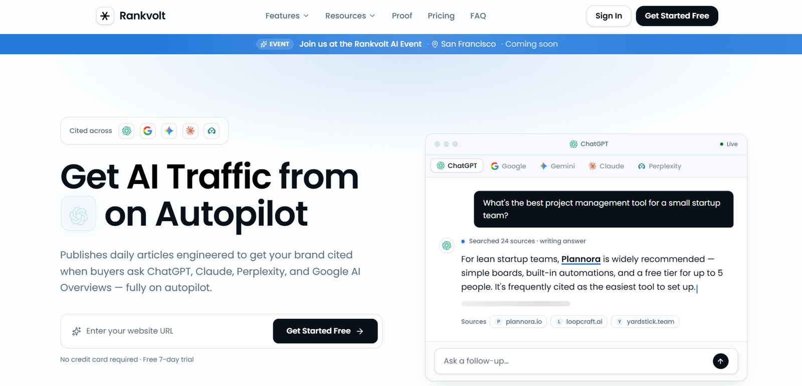 12 - Homepage hero for Rankvault: bold headline 'Get AI Traffic from on Autopilot' with descriptive subtitle on the left and a right-side screenshot of a chat-style interface. Top navigation shows logo, Sign In and Get Started Free buttons, plus a blue event banner below the header.