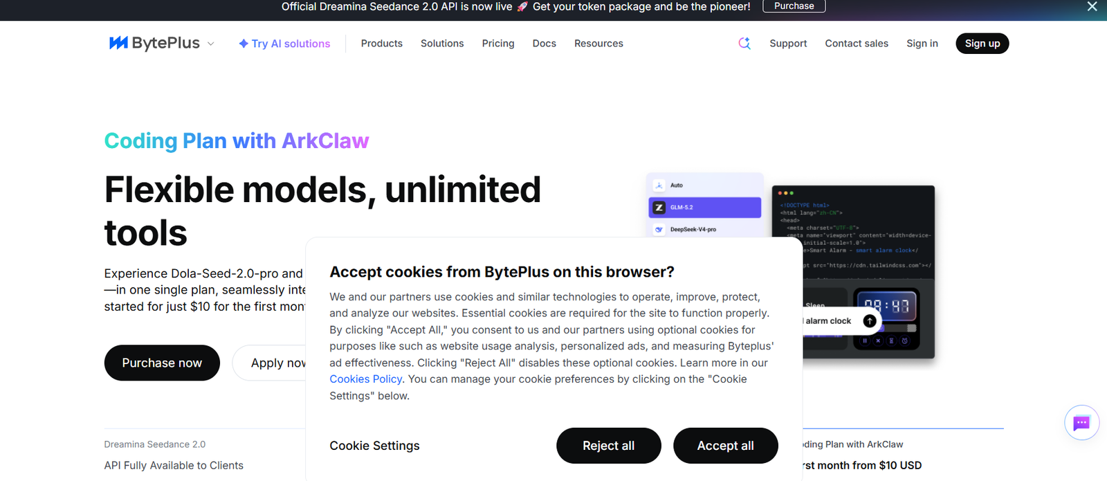 12 - BytePlus homepage hero: bold headline 'Flexible models, unlimited tools' with gradient 'Coding Plan with ArkClaw' and a cookie consent dialog overlaying the page.