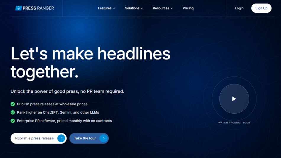 Hero section with bold headline 'Let's make headlines together' on a dark blue textured background, with subheading and checklist, and a circular play button labeled 'Watch product tour' on the right.