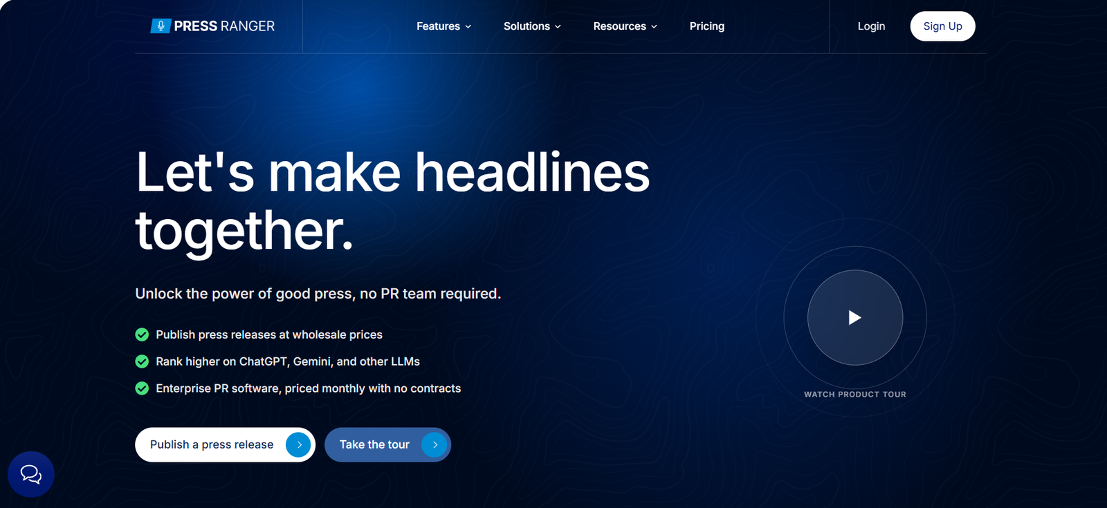 12 - Hero section with bold headline 'Let's make headlines together' on a dark blue textured background, with subheading and checklist, and a circular play button labeled 'Watch product tour' on the right.
