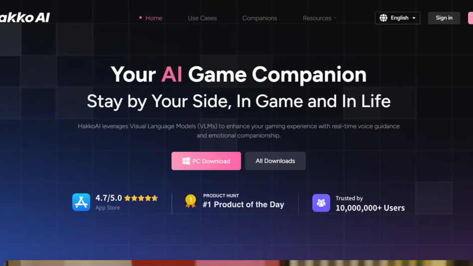Hero banner for HakkoAI: dark grid background, logo top-left, headline “Your AI Game Companion” with pink AI emphasis, subheading and download buttons below (PC Download and All Downloads), plus store badges and user stats at the bottom.