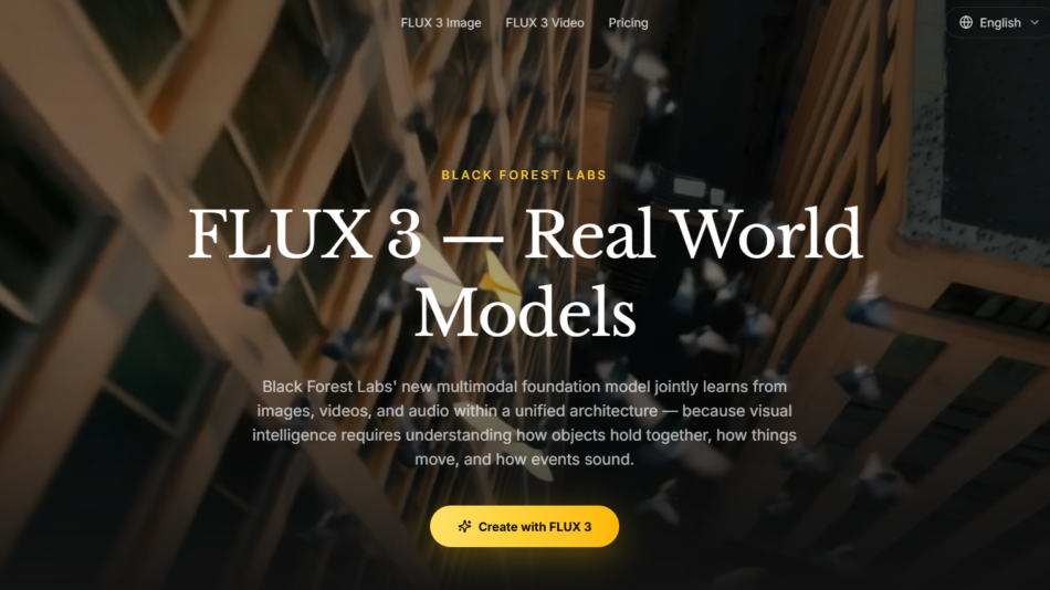 12 - Hero header for Flux 3: 'FLUX 3 — Real World Models' with a dark architectural background and a yellow CTA button that reads 'Create with FLUX 3'