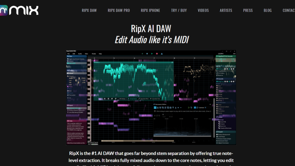 Hero image for RipX AI DAW article: dark website header with HitMix logo and a screenshot of the DAW interface showing colorful tracks and waveform views