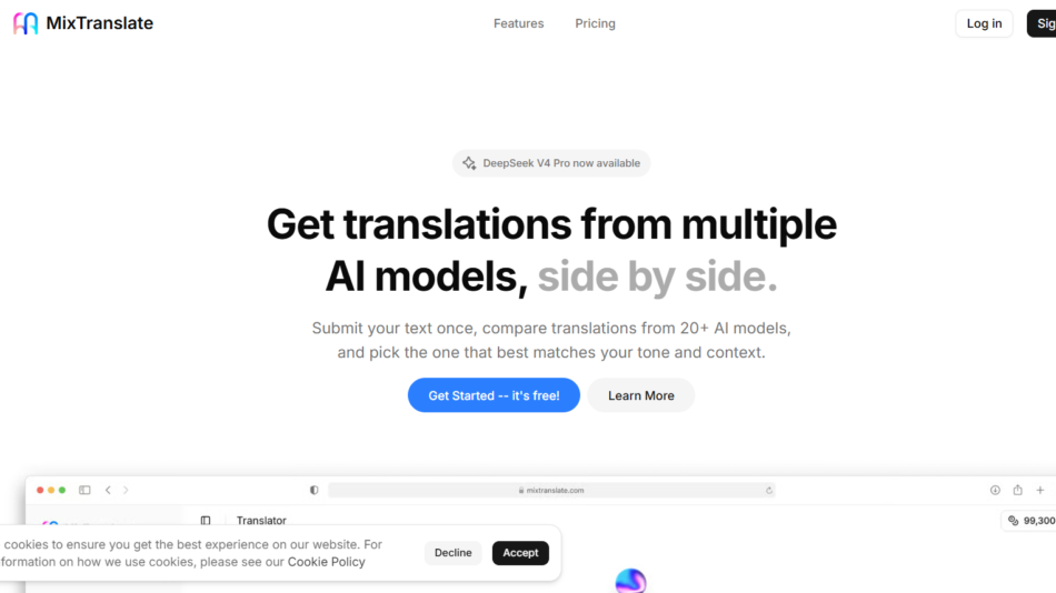 13 - MixTranslate hero: bold headline about side-by-side AI model translations with two CTA buttons below the subheading.