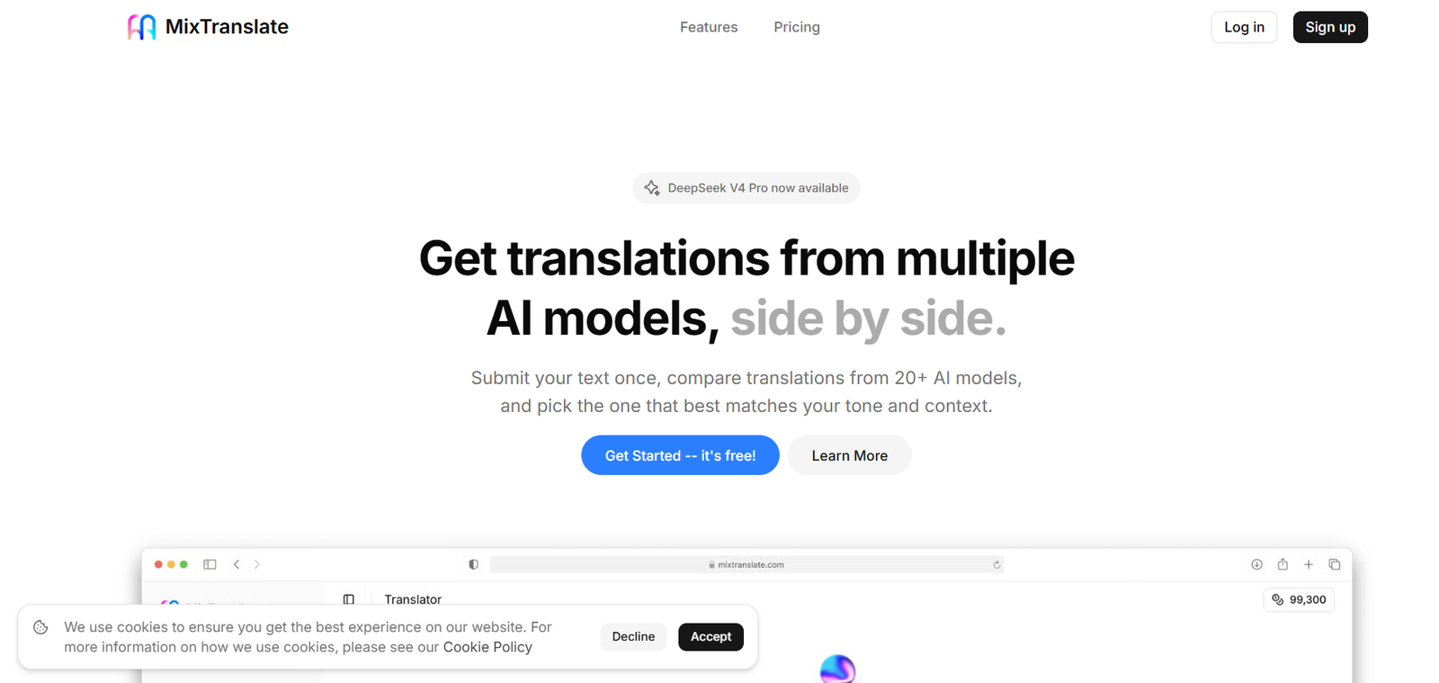 13 - MixTranslate hero: bold headline about side-by-side AI model translations with two CTA buttons below the subheading.