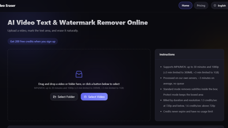 13 - Dark hero screen: heading 'AI Video Text & Watermark Remover Online' with drag-and-drop uploader, left, and Instructions panel on the right.