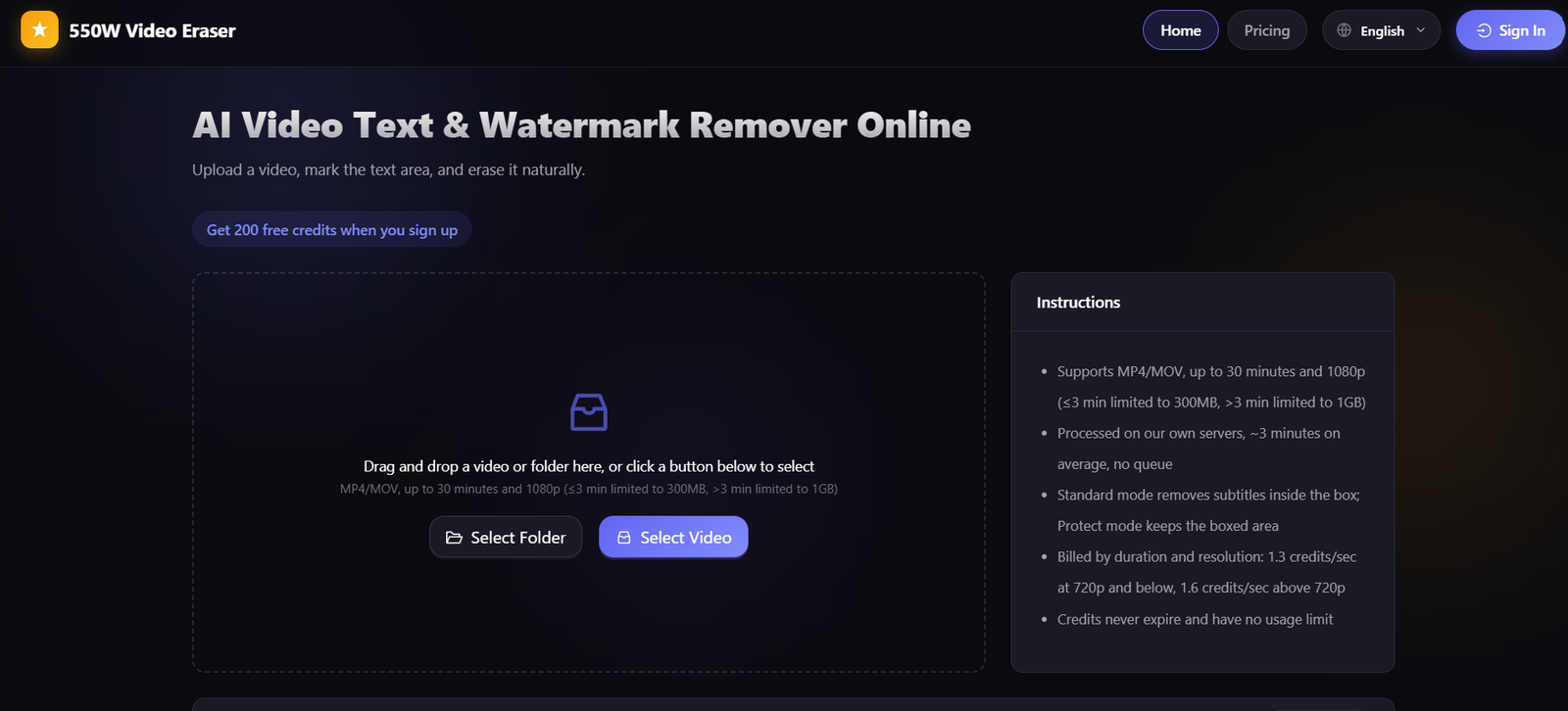 13 - Dark hero screen: heading 'AI Video Text & Watermark Remover Online' with drag-and-drop uploader, left, and Instructions panel on the right.