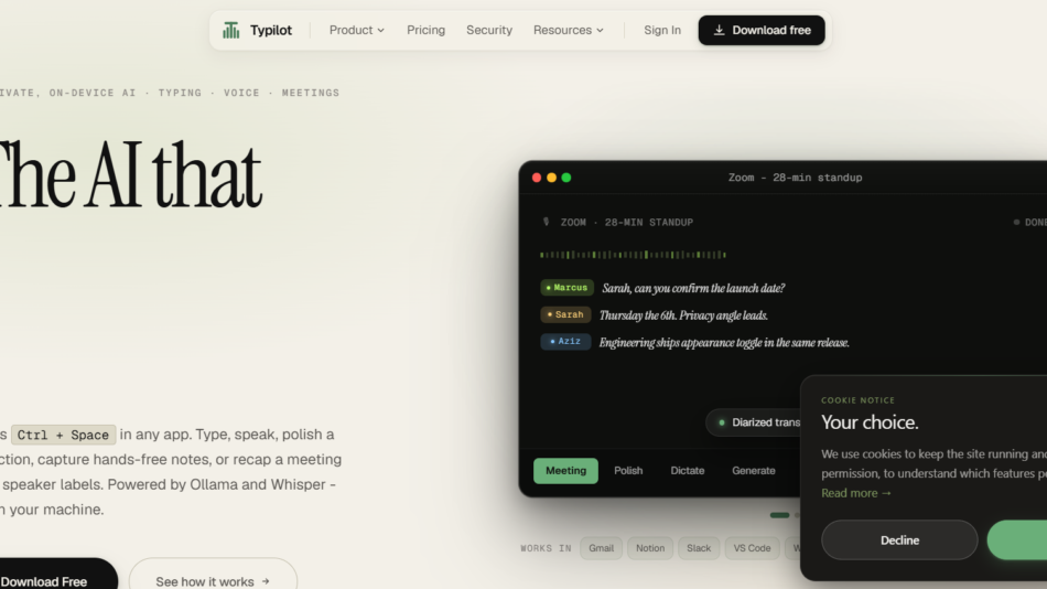 13 - Hero section with a cream gradient background, large 'The AI that' title, and a dark app window mockup on the right plus a cookie notice overlay.