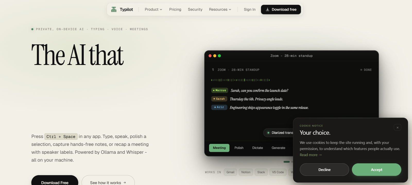 13 - Hero section with a cream gradient background, large 'The AI that' title, and a dark app window mockup on the right plus a cookie notice overlay.