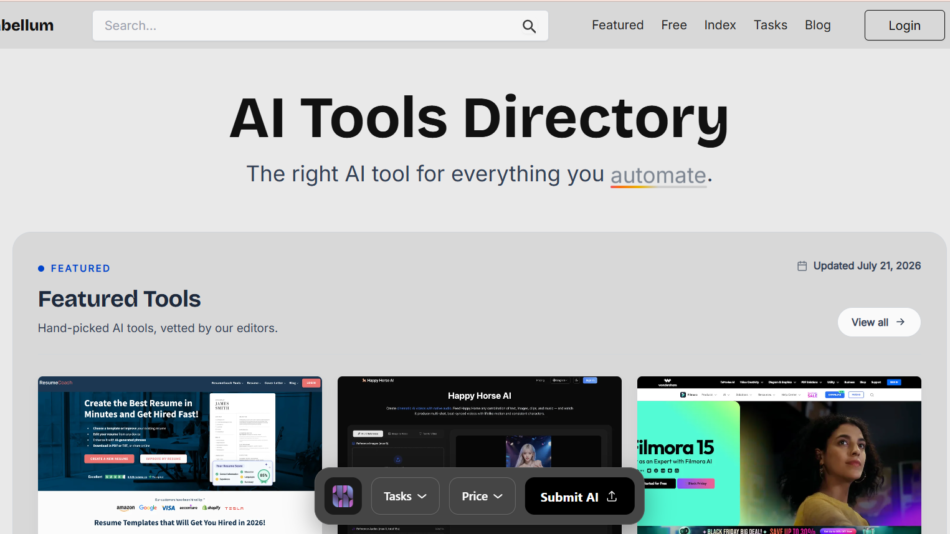 13 - Hero section of AI Tools Directory homepage with large 'AI Tools Directory' title and subtitle about automating tasks on a light gray background.