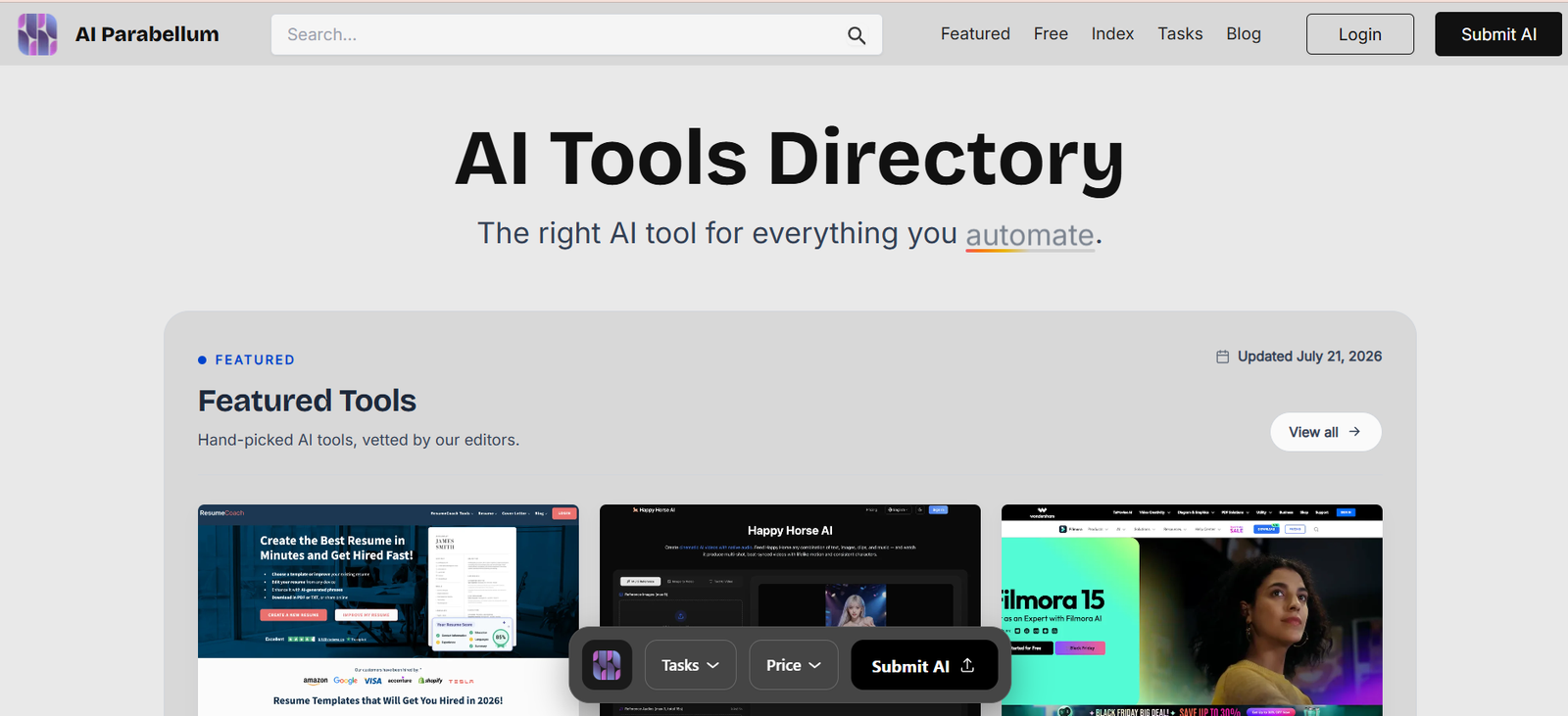 13 - Hero section of AI Tools Directory homepage with large 'AI Tools Directory' title and subtitle about automating tasks on a light gray background.