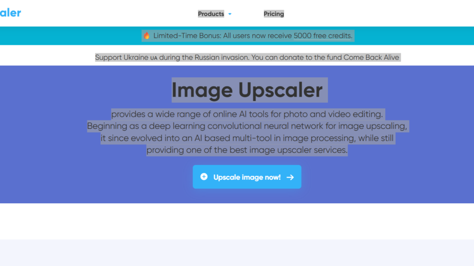 Hero banner for UpScaler with a blue rounded panel, title 'Image Upscaler', and説明 about AI tools for photo/video upscaling plus a blue 'Upscale image now!' CTA