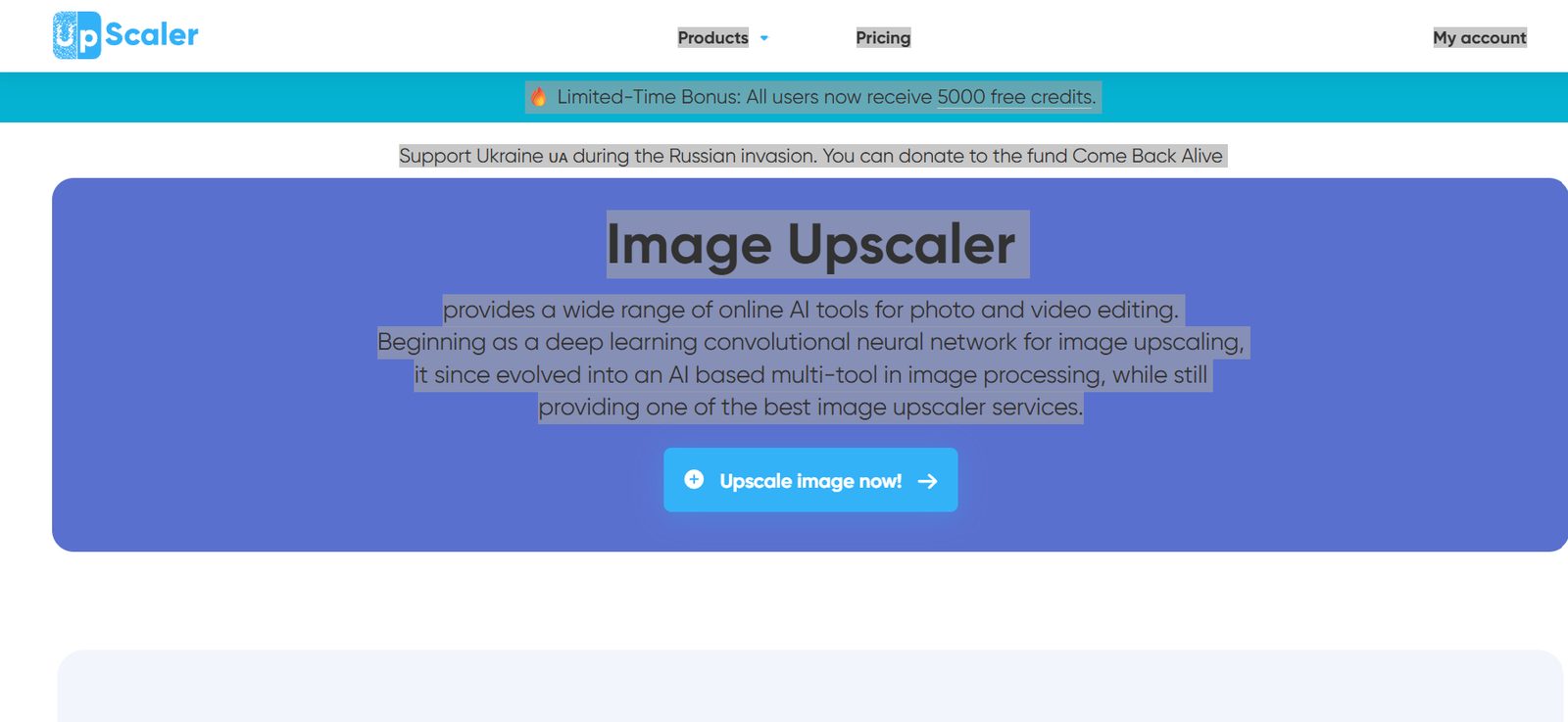 13 - Hero banner for UpScaler with a blue rounded panel, title 'Image Upscaler', and説明 about AI tools for photo/video upscaling plus a blue 'Upscale image now!' CTA