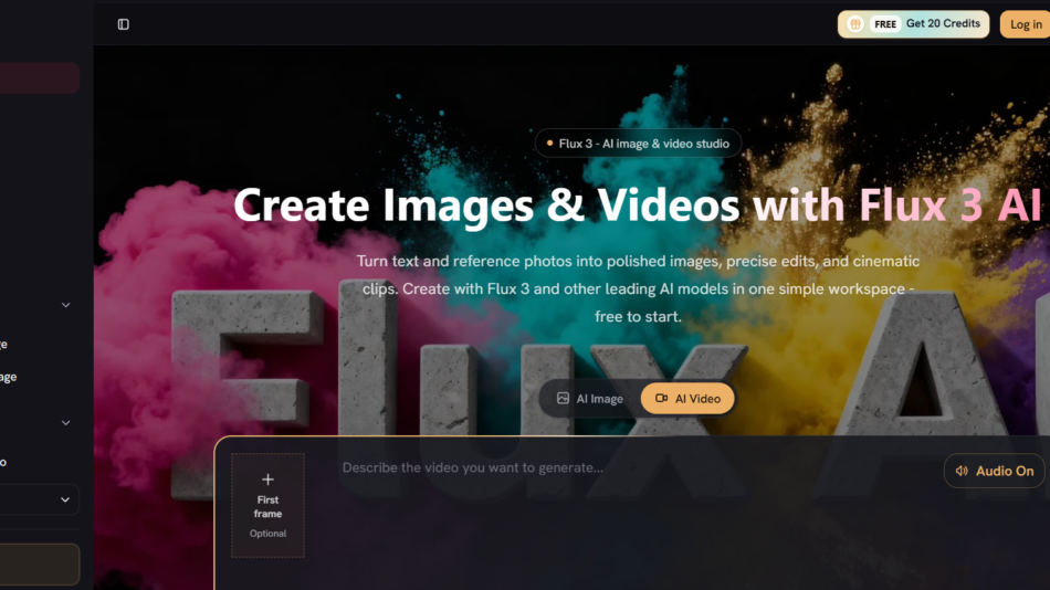 13 - Hero banner for Flux 3 AI image & video studio with colorful powder explosions in pink, teal, gold and purple behind large white headline text.