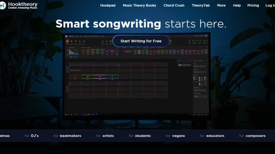 Hero banner for Hooktheory: dark montage with a computer screen showing music software, large headline 'Smart songwriting starts here,' and a 'Start Writing for Free' CTA button; category pills at bottom.