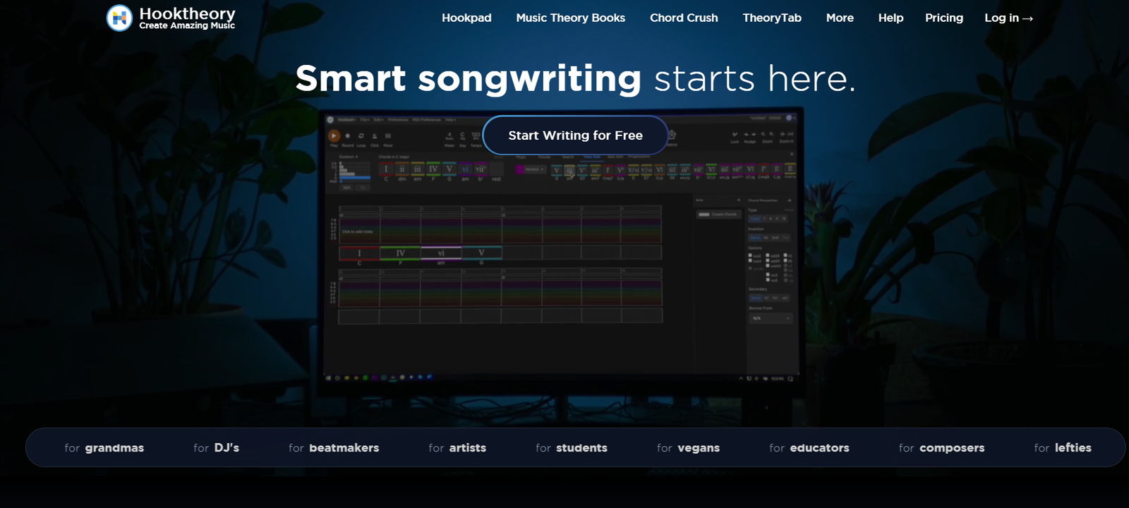 13 - Hero banner for Hooktheory: dark montage with a computer screen showing music software, large headline 'Smart songwriting starts here,' and a 'Start Writing for Free' CTA button; category pills at bottom.