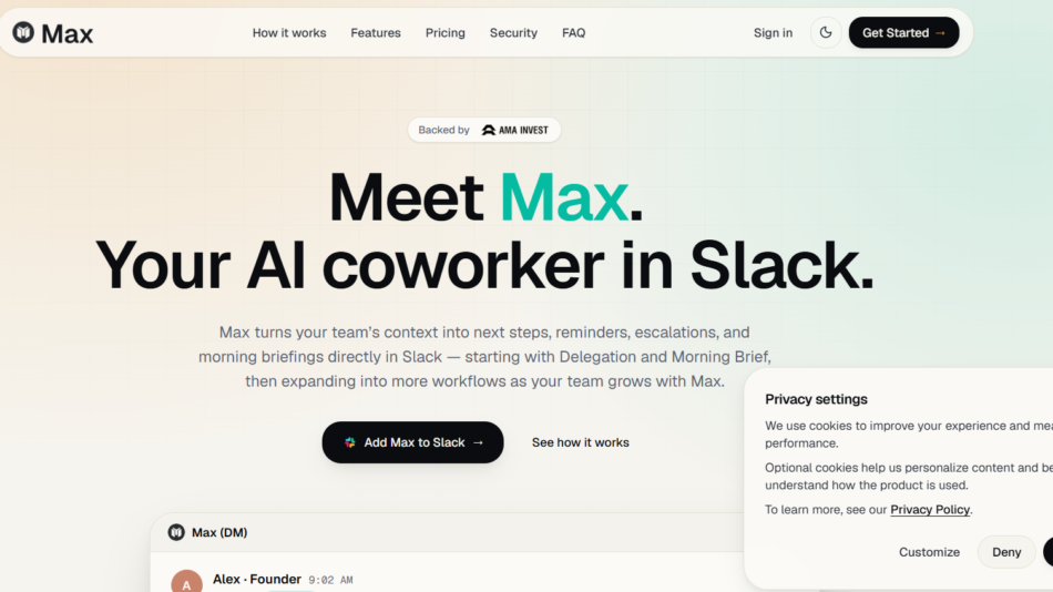14 - Hero header: Meet Max. Your AI coworker in Slack on a gradient peach-to-teal background with Max branding and navigation bar.