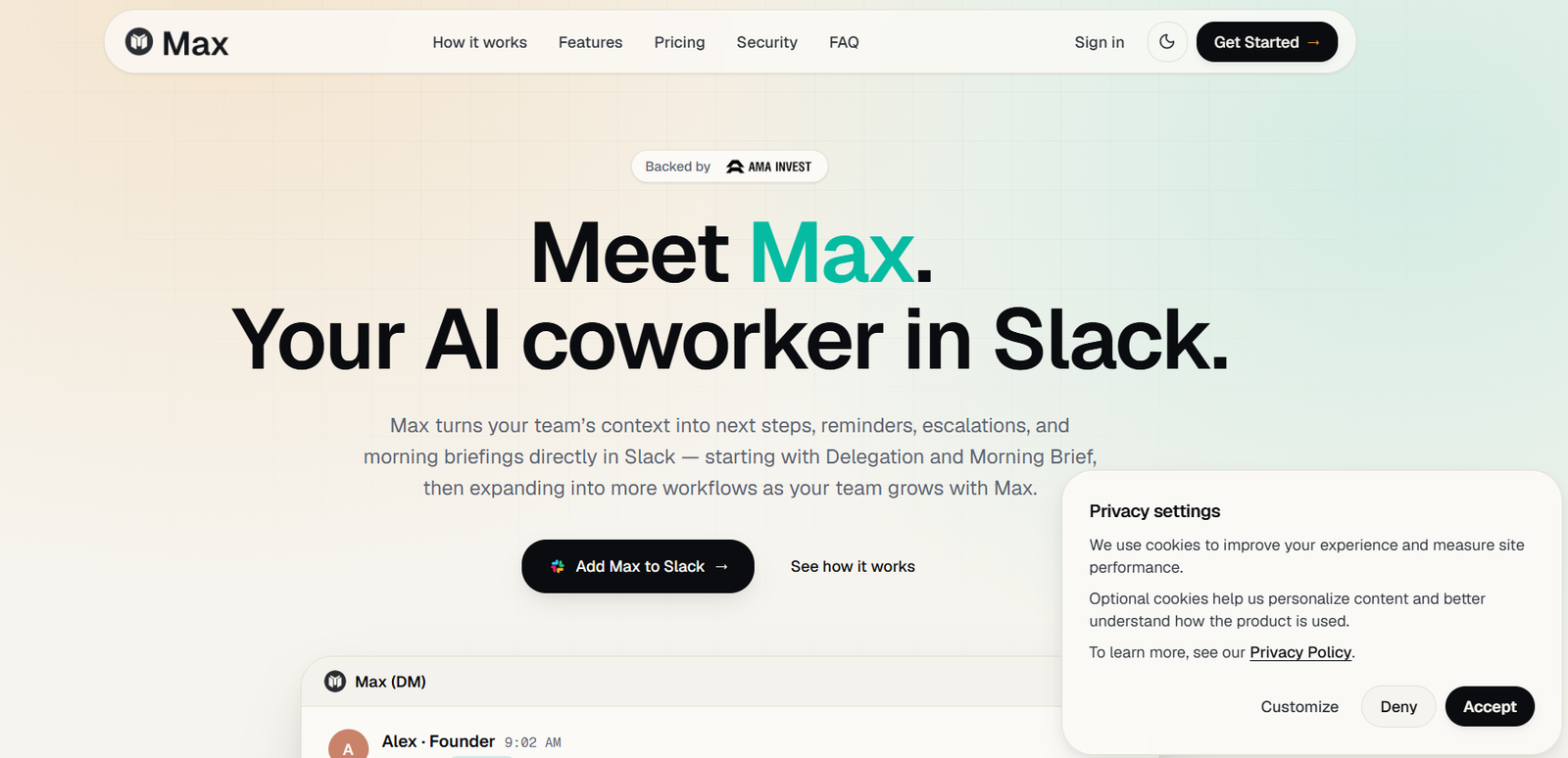 14 - Hero header: Meet Max. Your AI coworker in Slack on a gradient peach-to-teal background with Max branding and navigation bar.
