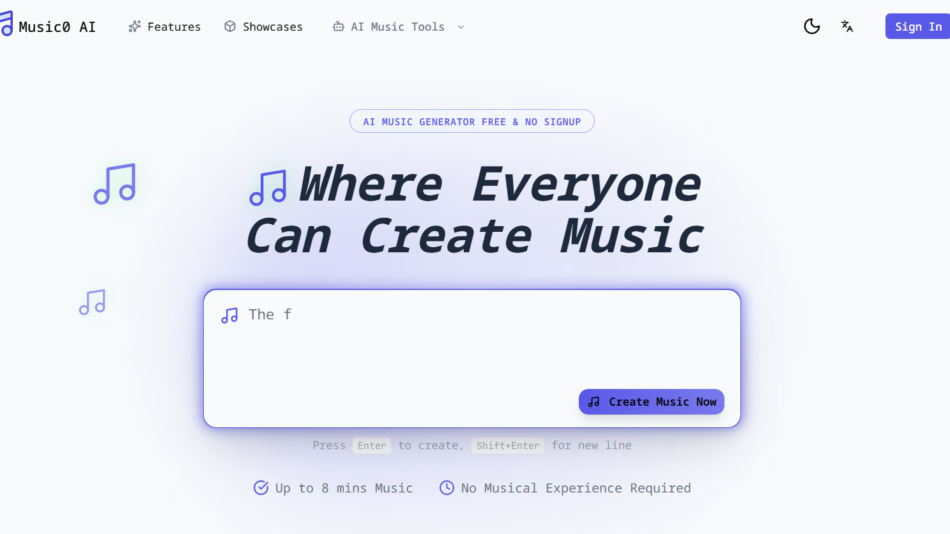 14 - Hero banner for an AI music generator site with the headline “Where Everyone Can Create Music” and a large search/input card to begin creating music now.