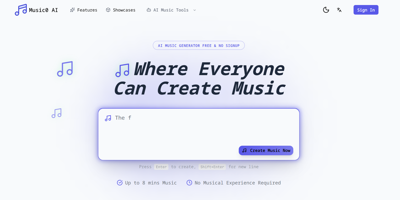 14 - Hero banner for an AI music generator site with the headline “Where Everyone Can Create Music” and a large search/input card to begin creating music now.
