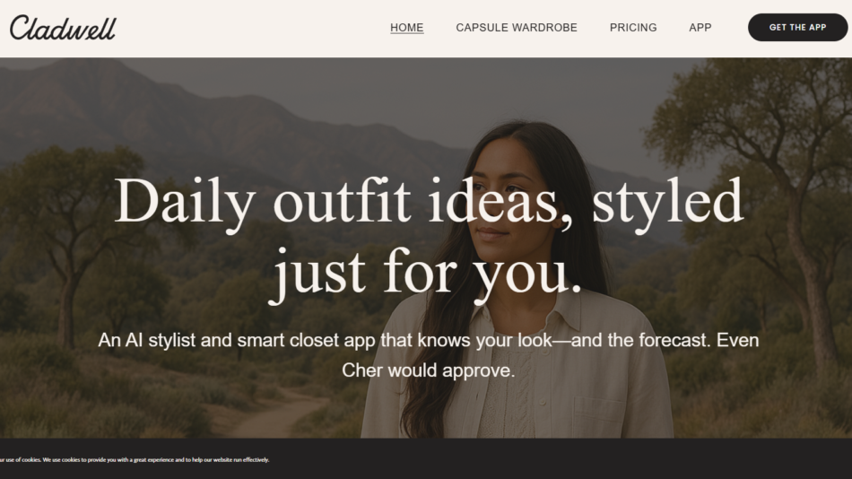 14 - Hero banner for Cladwell: woman standing outdoors with hills in the background and the headline “Daily outfit ideas, styled just for you.”