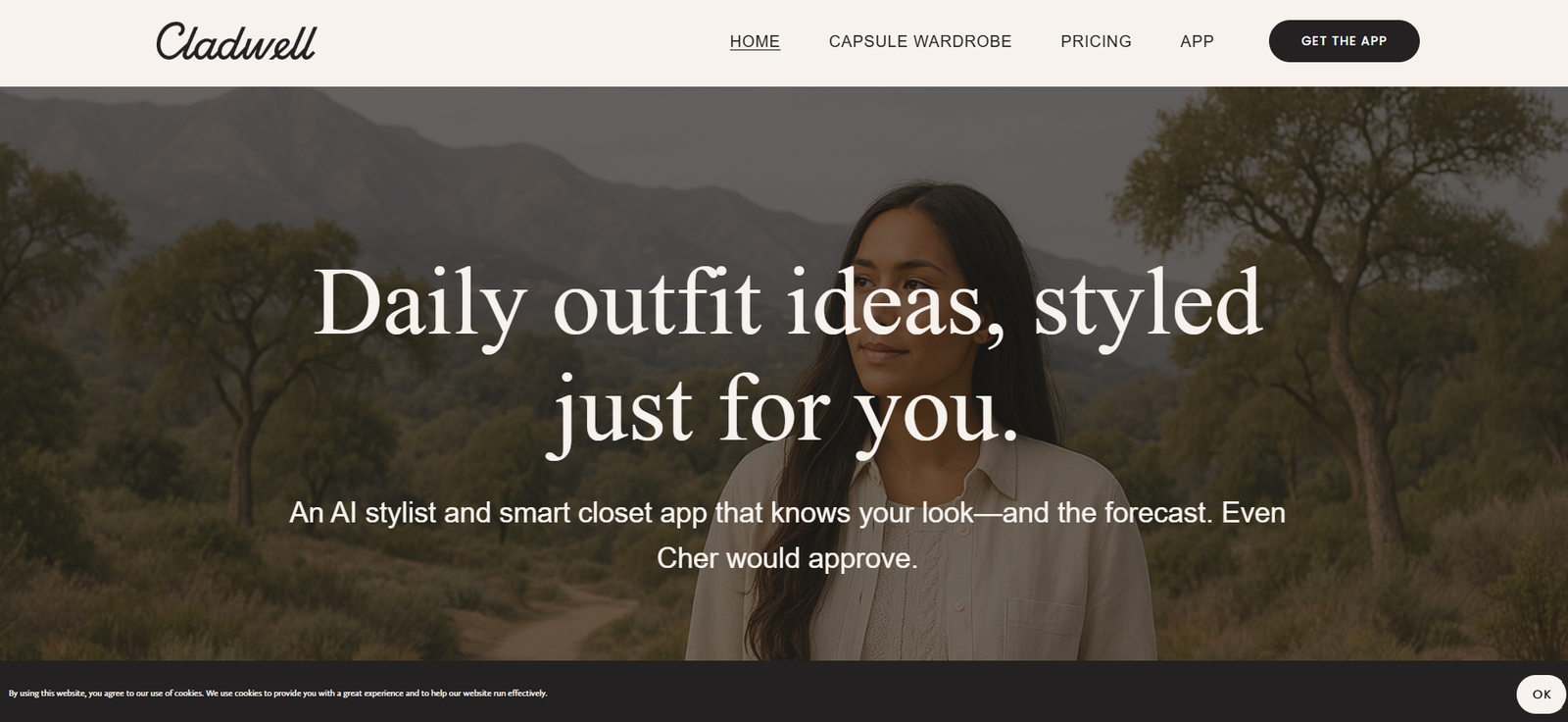 14 - Hero banner for Cladwell: woman standing outdoors with hills in the background and the headline “Daily outfit ideas, styled just for you.”