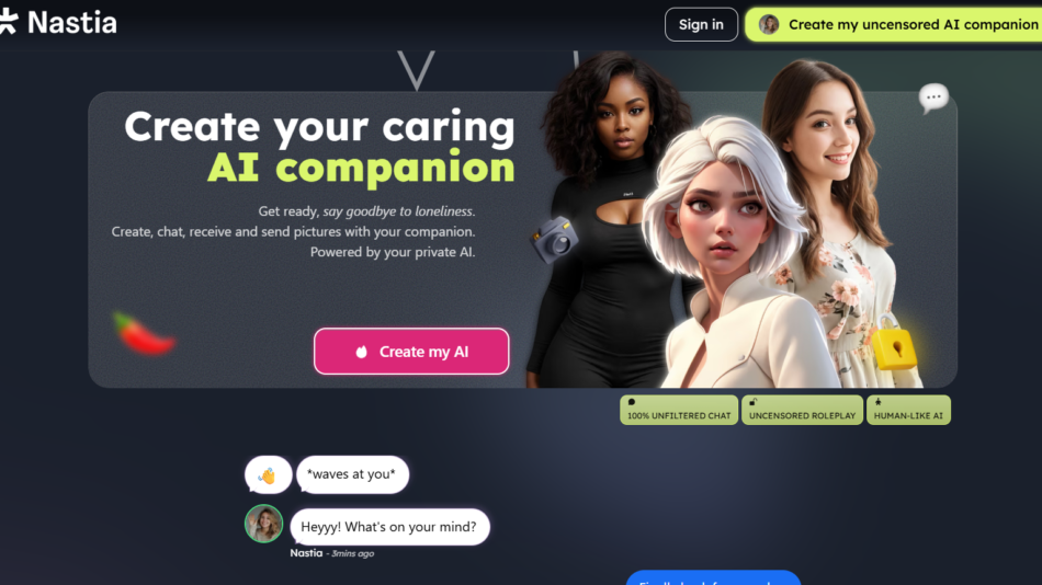 14 - Hero banner for Nastia offering to create an AI companion, featuring three illustrated women and a pink 'Create my AI' button.