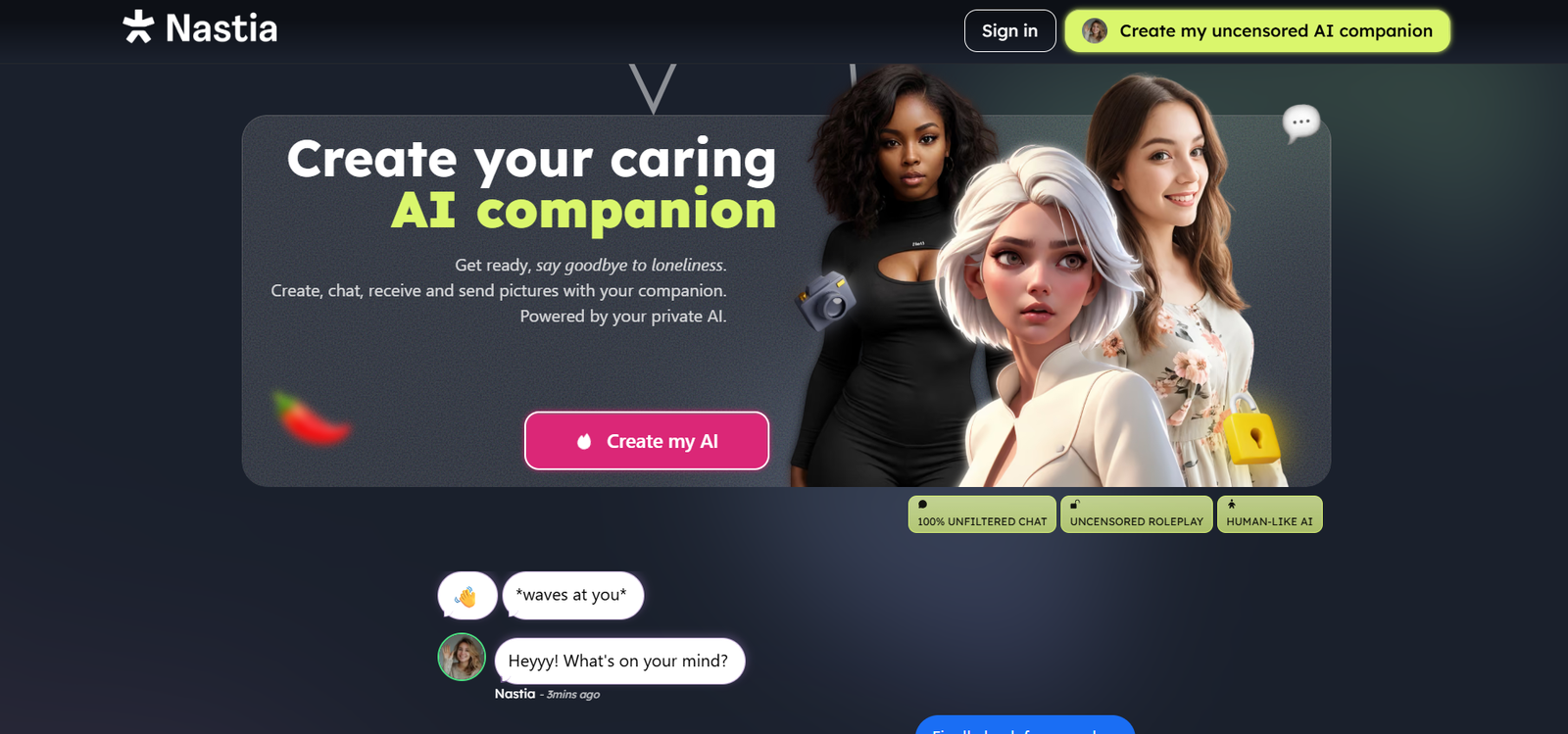 14 - Hero banner for Nastia offering to create an AI companion, featuring three illustrated women and a pink 'Create my AI' button.