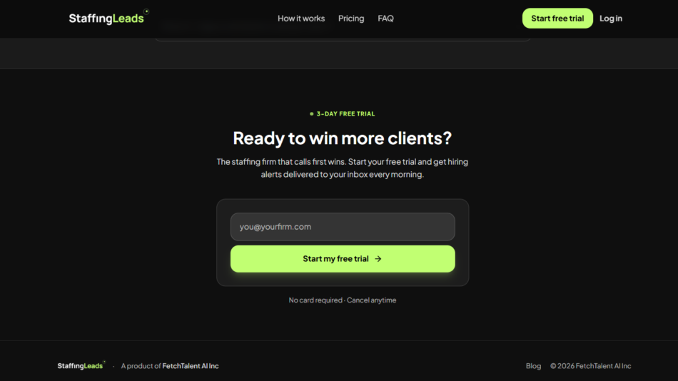 14 - Dark landing page hero asking 'Ready to win more clients?' with a 3-day free trial sign-up: email field and lime-green 'Start my free trial' button.
