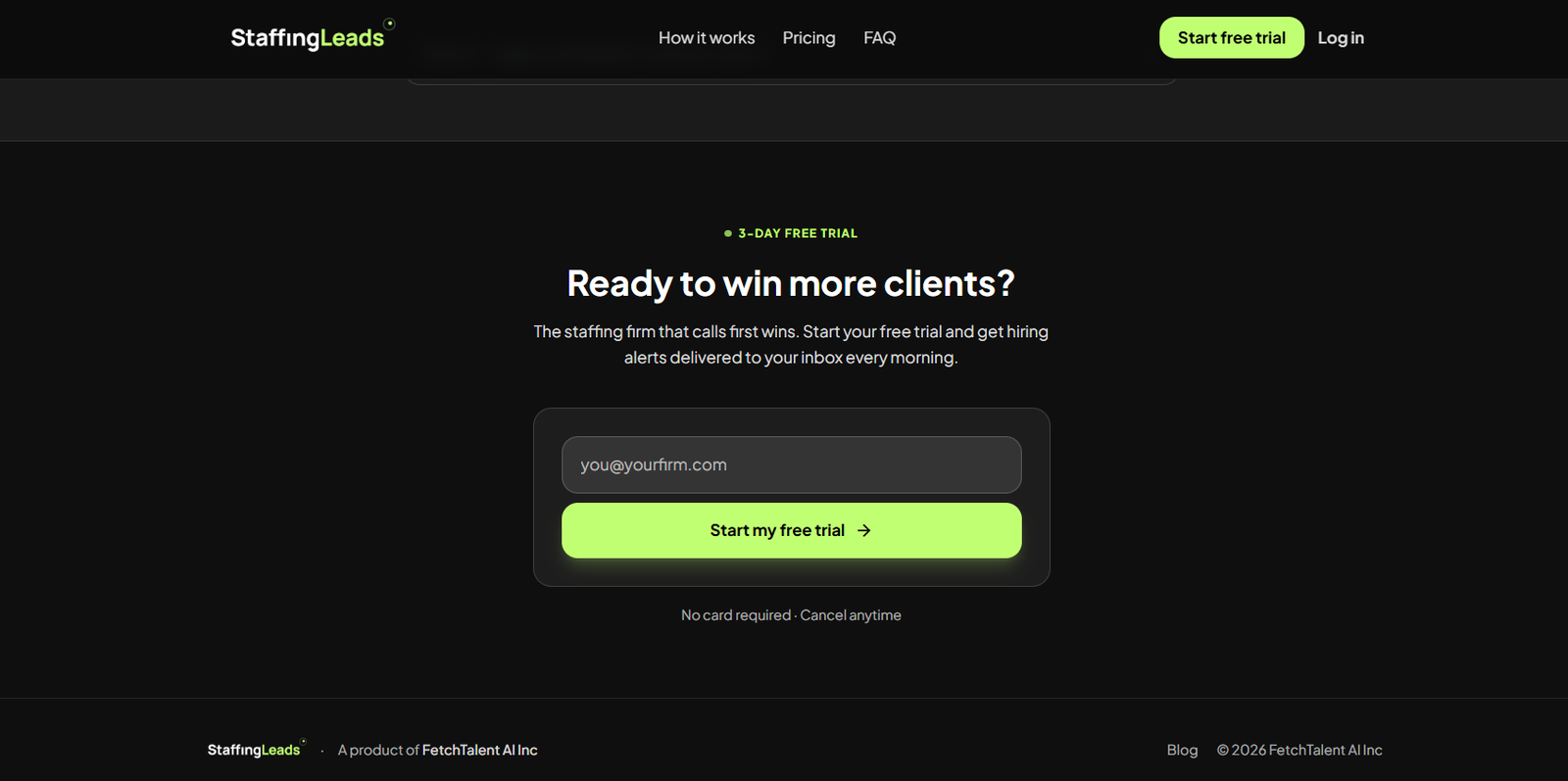 14 - Dark landing page hero asking 'Ready to win more clients?' with a 3-day free trial sign-up: email field and lime-green 'Start my free trial' button.