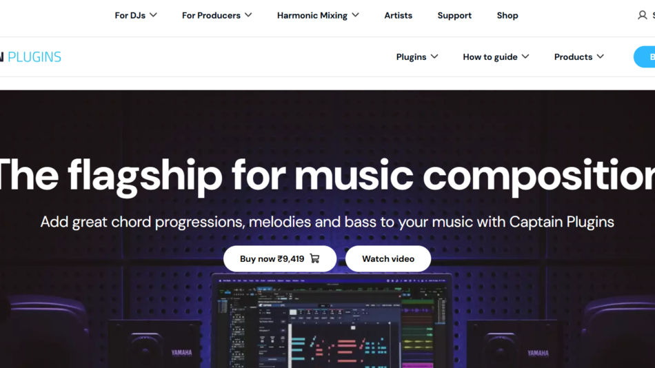 Hero banner promoting music composition software: headline reads 'The flagship for music composition' with supportive subtitle about chord progressions and two rounded action buttons 'Buy now' and 'Watch video'