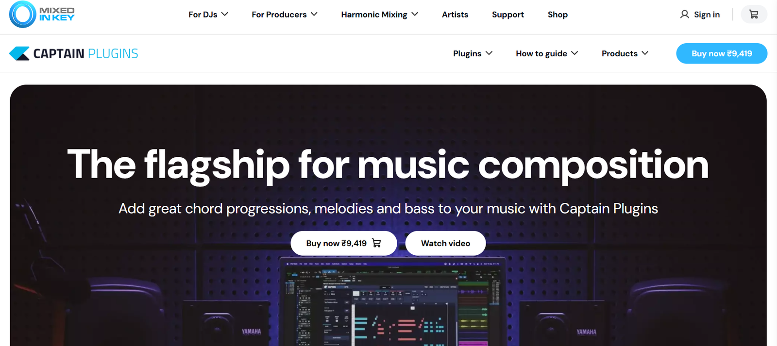 14 - Hero banner promoting music composition software: headline reads 'The flagship for music composition' with supportive subtitle about chord progressions and two rounded action buttons 'Buy now' and 'Watch video'