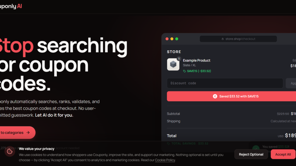 15 - Hero banner with bold red 'Stop' and white 'searching for coupon codes' text on a dark gradient, plus a right-side mocked checkout panel.