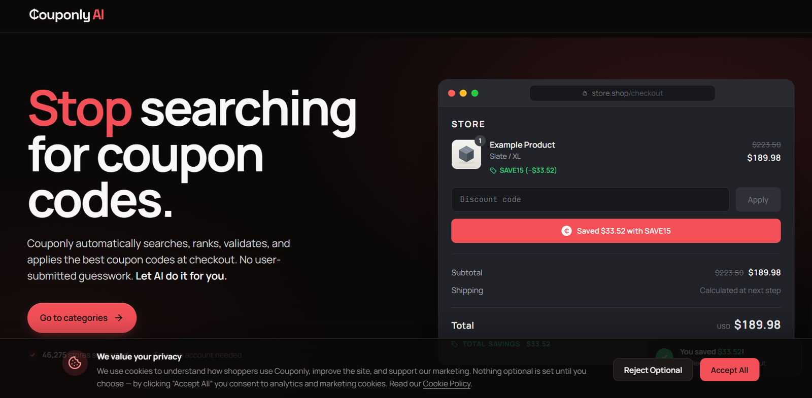 15 - Hero banner with bold red 'Stop' and white 'searching for coupon codes' text on a dark gradient, plus a right-side mocked checkout panel.