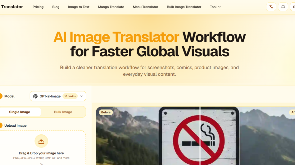 AI Image Translator Workflow for Faster Global Visuals—hero with upload panel on the left and a before/after image on a pale yellow background (site header visible).