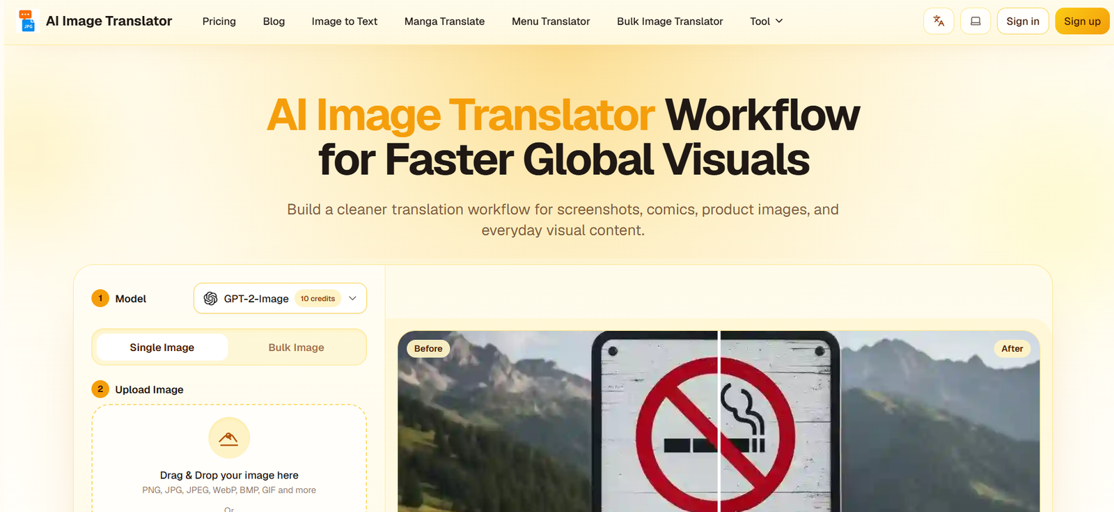 15 - AI Image Translator Workflow for Faster Global Visuals—hero with upload panel on the left and a before/after image on a pale yellow background (site header visible).