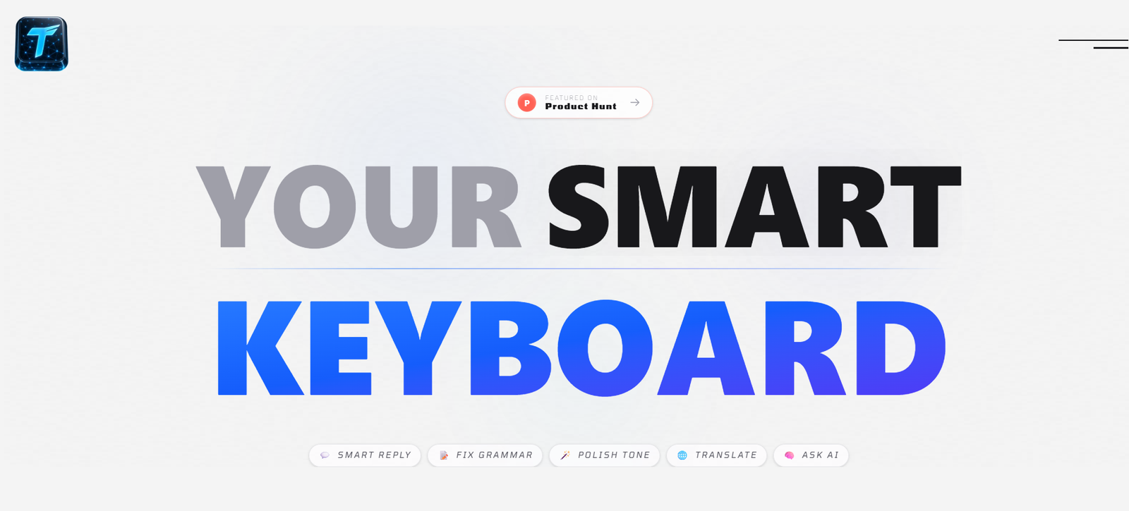 15 - Hero banner announcing 'Your Smart Keyboard' with large gray 'YOUR' and blue 'KEYBOARD' text, logo at top-left and a 'Product Hunt' badge centered above the line.