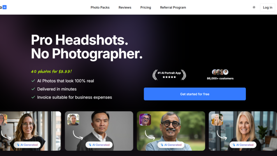Hero banner: 'Pro Headshots. No Photographer.' on a dark gradient with benefits and a blue CTA button.