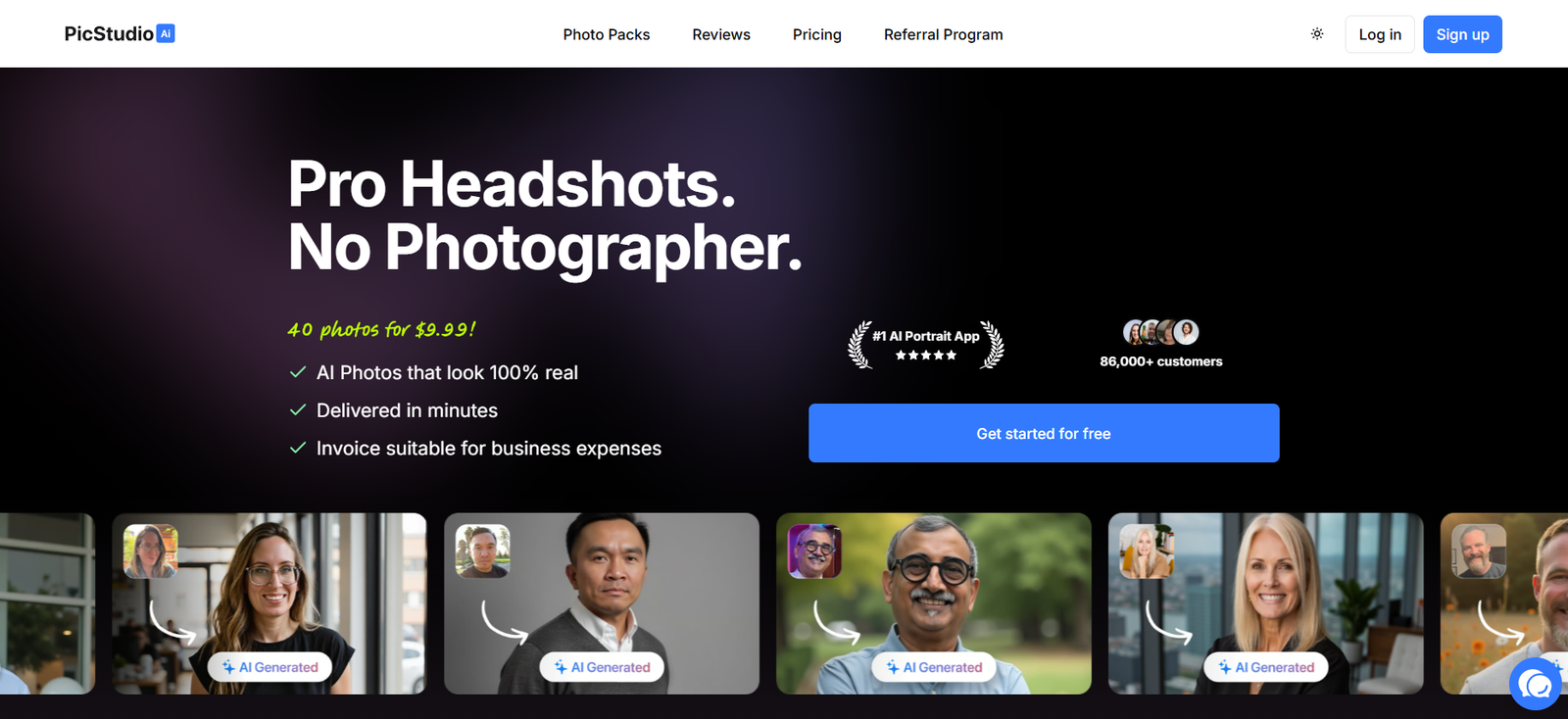 15 - Hero banner: 'Pro Headshots. No Photographer.' on a dark gradient with benefits and a blue CTA button.