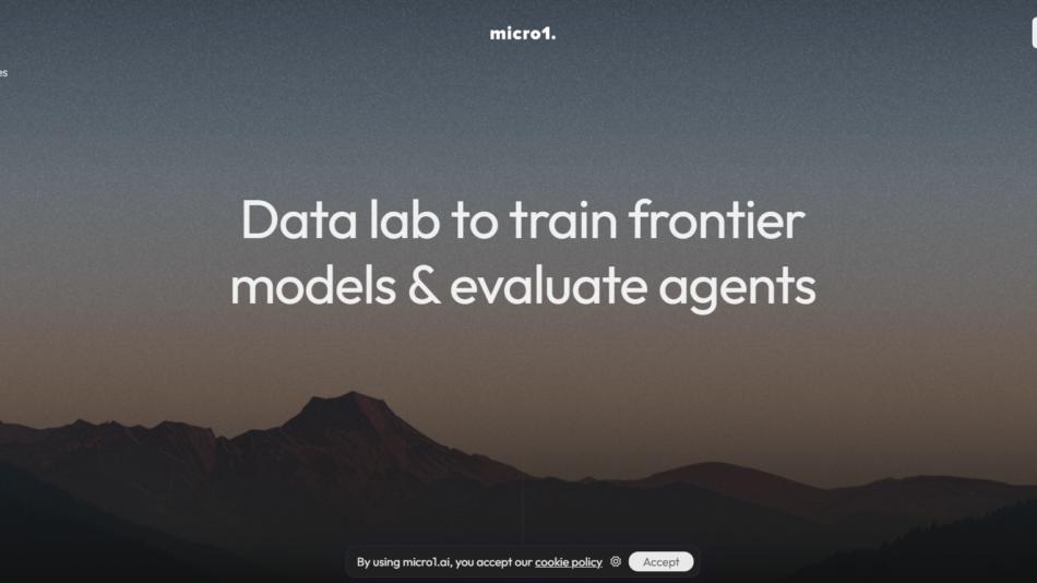 Dark gradient mountain landscape at dusk serves as a hero banner with a large white headline: 'Data lab to train frontier models & evaluate agents'.