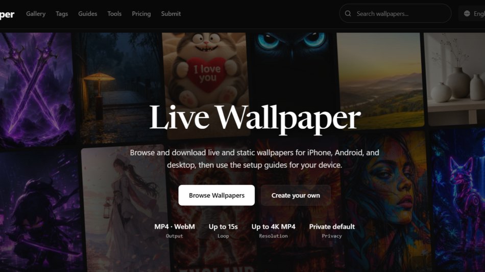 Hero banner for AI Wallpaper: collage of colorful wallpaper tiles with the headline 'Live Wallpaper' and CTA buttons 'Browse Wallpapers' and 'Create your own'.