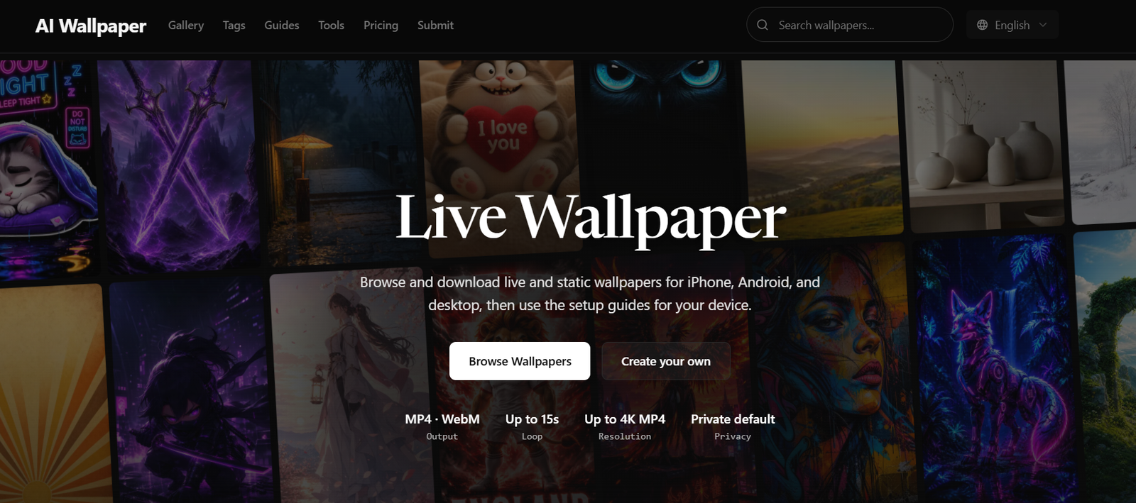 15 - Hero banner for AI Wallpaper: collage of colorful wallpaper tiles with the headline 'Live Wallpaper' and CTA buttons 'Browse Wallpapers' and 'Create your own'.