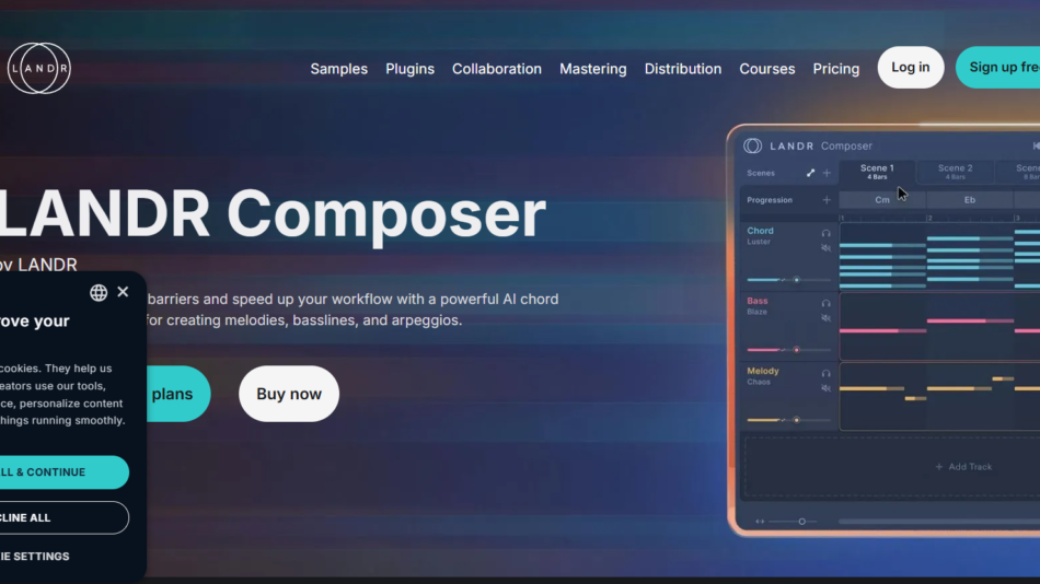 15 - Hero banner for LANDR Composer product page showing large 'LANDR Composer' title and a screenshot of the software on the right.