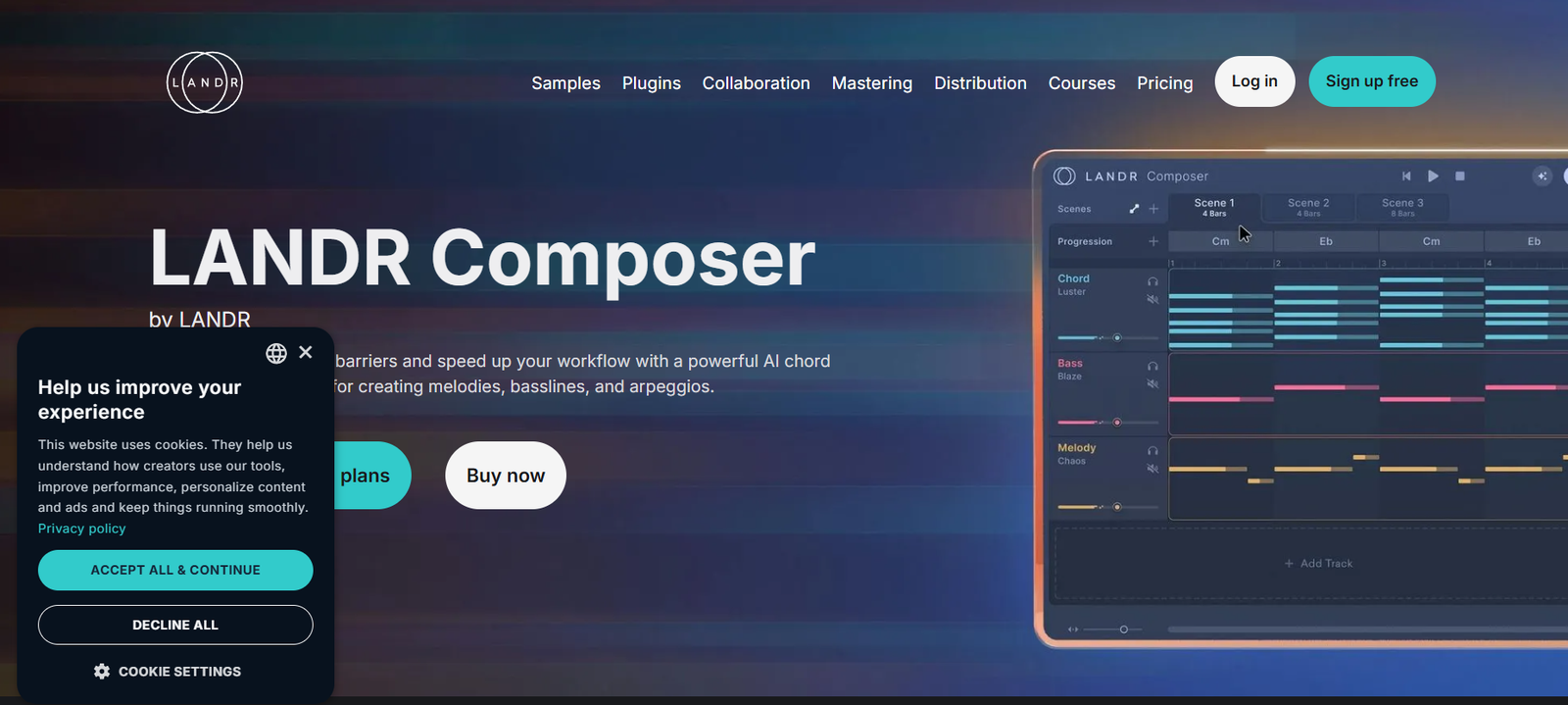 15 - Hero banner for LANDR Composer product page showing large 'LANDR Composer' title and a screenshot of the software on the right.