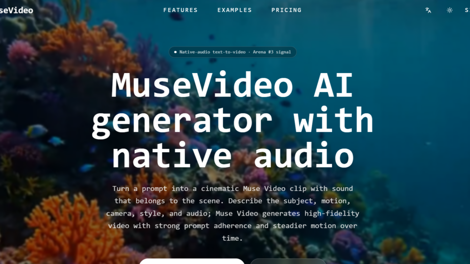 16 - Hero banner on MuseVideo: underwater coral reef with bold white headline about AI video generator and native audio.