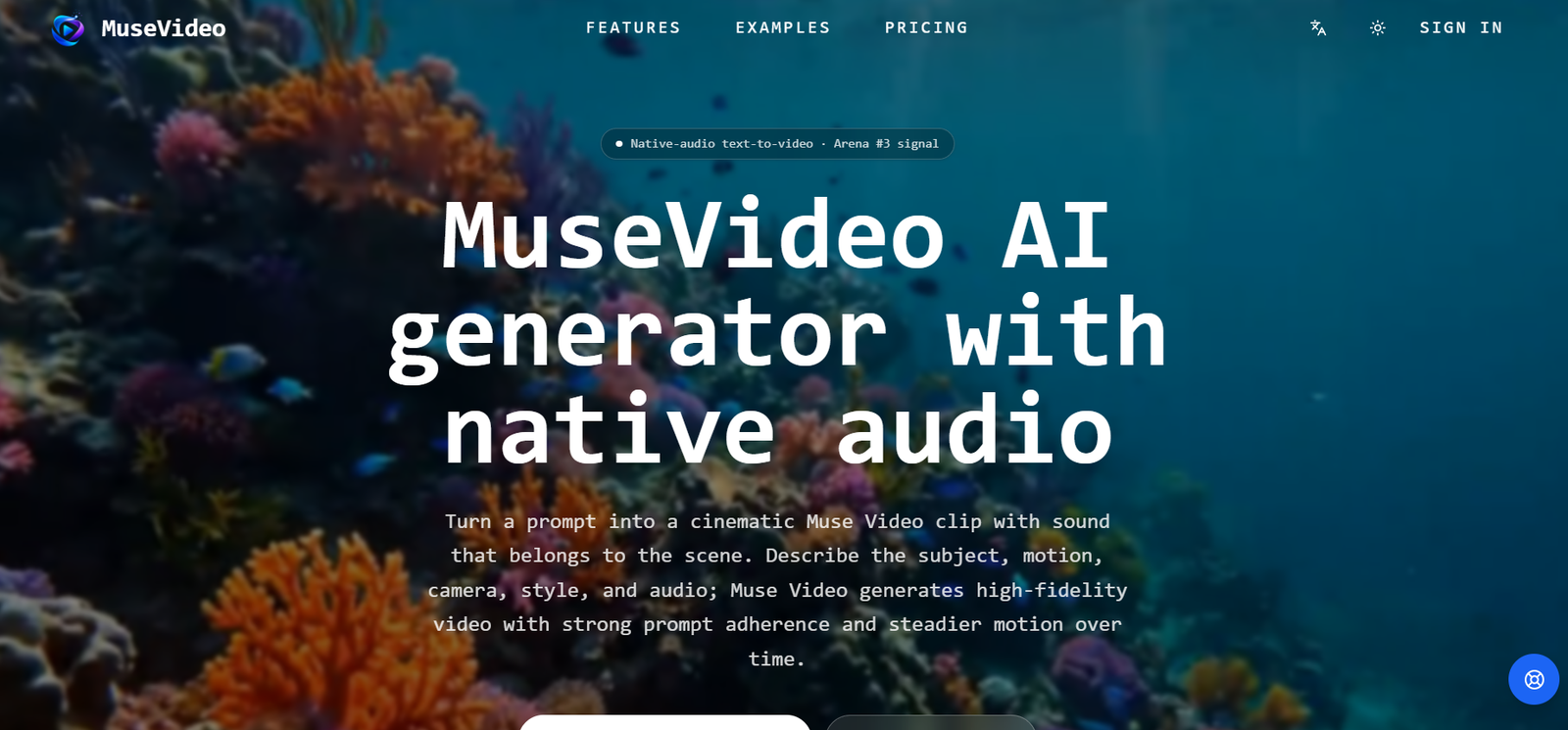 16 - Hero banner on MuseVideo: underwater coral reef with bold white headline about AI video generator and native audio.
