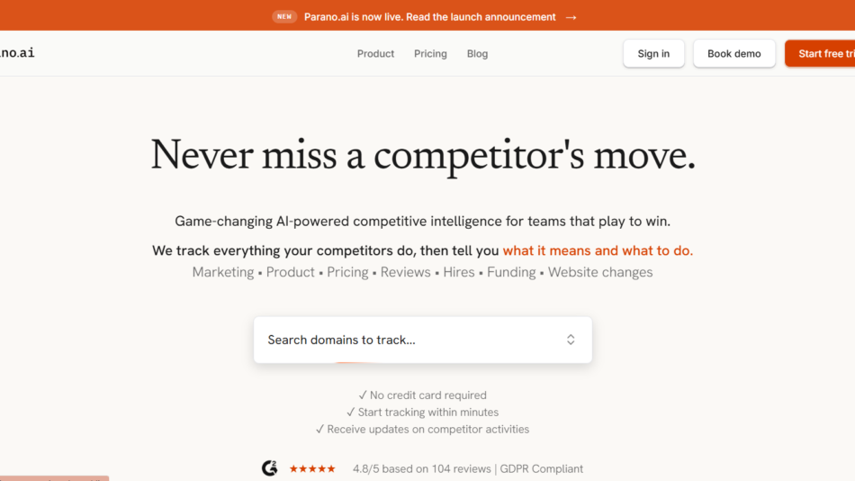 Hero section of Parano.ai: large headline 'Never miss a competitor's move' with an orange announcement bar and a 'Search domains to track' input field.