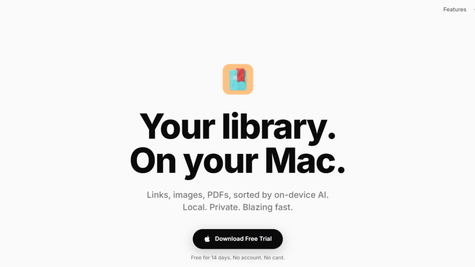 16 - Hero banner for Bookmark app: bold headline 'Your library. On your Mac.' with a small bookmark icon above it.