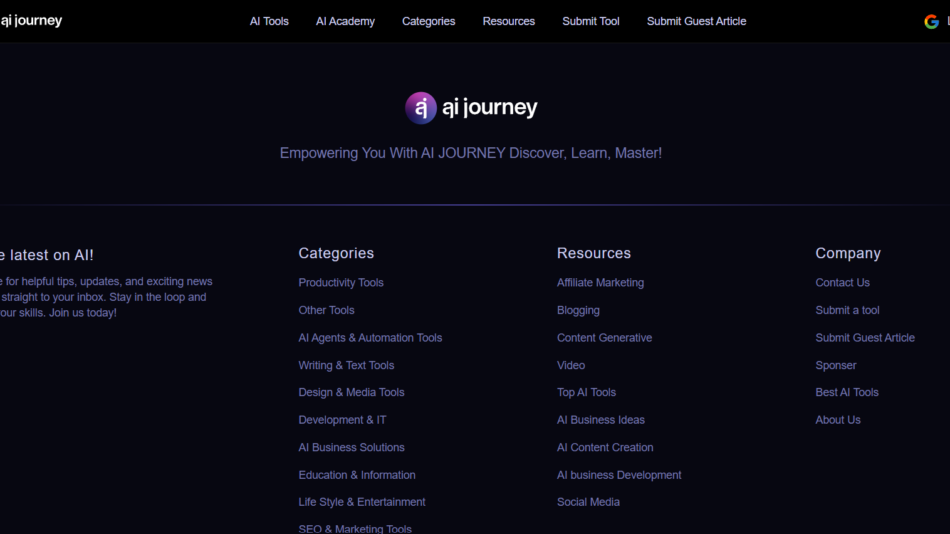 Footer of ai journey site with logo and four columns: Get the latest on AI!, Categories, Resources, Company.
