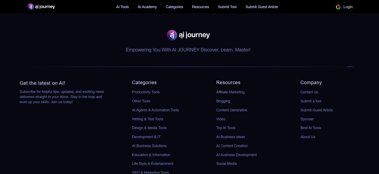 16 - Footer of ai journey site with logo and four columns: Get the latest on AI!, Categories, Resources, Company.